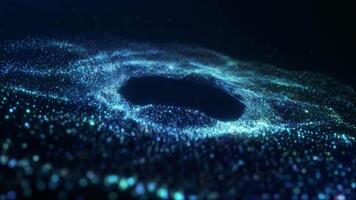 fascinerande blå och cyan lysande partiklar formning ett invecklad abstrakt Vinka mönster runt om en djup central mörk tomhet symboliserar data strömmar digital teknologi vetenskap eller energi video