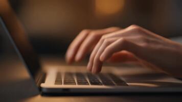 närbild av mänsklig händer skriver snabbt på en modern bärbar dator tangentbord under värma omgivande ljus, skildrar fokuserade arbete, digital kommunikation, och effektiv produktivitet på en dator. video
