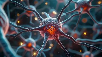 mikroskopisk se av en komplex neuralt nätverk av neuroner med lysande synapser bränning i en vibrerande biologisk systemet illustrerar hjärna aktivitet och medvetande i utsökt detalj video