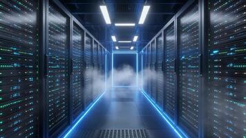 trogen server rum med lysande blå lampor och virvlande dimma skapande en avancerad digital data Centrum miljö, Avancerad teknologi infrastruktur begrepp video