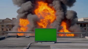 massiccio esplosione e di spessore nero Fumo inghiottire edifici su un' tetto con un' verde schermo tenere sotto controllo nel il primo piano, dinamico azione scena per vfx e compositing video