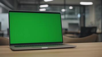 modern öppen bärbar dator med vibrerande grön skärm visa på en trä- skrivbord i en samtida kontor miljö redo för krom nyckel redigering och virtuell bakgrund integration video