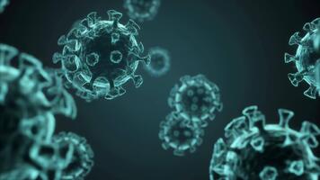 mikroskopisk se av lysande cyan coronavirus partiklar cirkulerande i en mörk, lynnig, digital Plats representerar en viral infektion eller pandemi utbrott scenario video