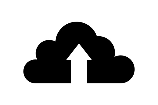 Black silhouette icon representing cloud upload concept with an upward pointing arrow centered within the cloud shape, isolated on transparent background png