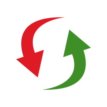 Two curved arrows, one red pointing down and one green pointing up, forming a circular refresh or cycle symbol, isolated on transparent background png