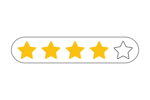 Four out of five star rating system graphic showing positive customer feedback or service evaluation with one star remaining empty, isolated on transparent background png