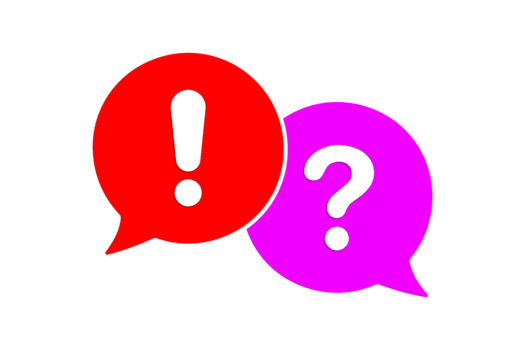 dos superposición habla burbujas, uno rojo con un exclamación marca y uno magenta con un pregunta marca, simbolizando comunicación, ayuda, o apoyo aislado en transparente antecedentes png