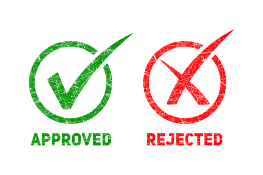 verde approvato segno di spunta e rosso respinto attraversare icone visualizzato lato di lato con grunge struttura, isolato su trasparente sfondo png