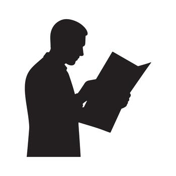 silueta de un hombre leyendo un libro o documento en perfil vista, enfocado en información vector