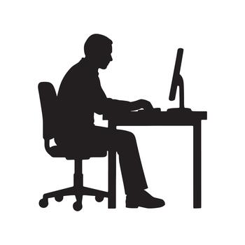 hombre sentado a escritorio utilizando computadora silueta icono para oficina trabajar, negocio, lugar de trabajo, productividad, y profesional Tareas vector