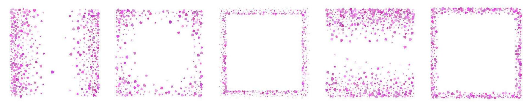 ruido rociar marcos conjunto con rosado corazones. cuadrado degradado fronteras para San Valentín día. superposiciones con grano efecto. punto disolver arenoso reluciente textura. punteado modelo vector