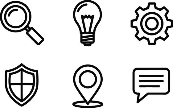 Set of modern minimalist icons representing search, ideas, settings, security, location, and communication for digital platforms and design projects vector