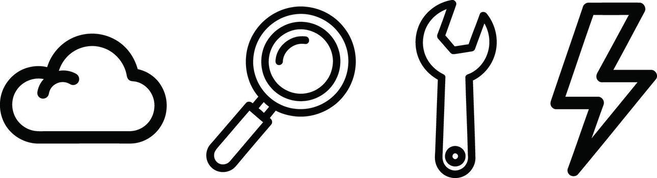 moderno esencial contorno íconos representando nube informática, buscar funcionalidad, sistema mantenimiento, y actuación mejoramiento, adecuado para tecnología y Servicio interfaces vector