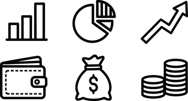 conjunto de limpiar línea Arte íconos representando esencial financiero conceptos, negocio analítica, económico crecimiento, y monetario administración para moderno datos visualización y gráfico diseño vector