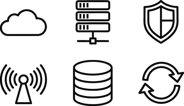 Set of technology icons including cloud, server, shield, wifi, database, and refresh symbols for digital concepts vector