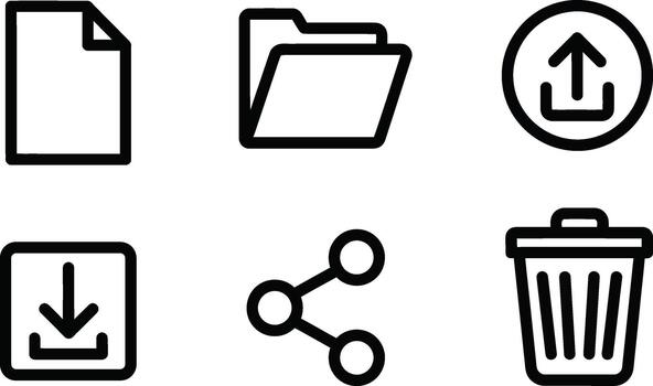 Set of 6 minimalist icons representing file management and sharing actions document, folder, upload, download, share, and trash vector