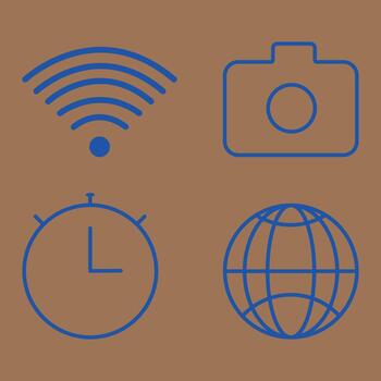 Set of four blue line icons for wifi, camera, clock, and globe vector