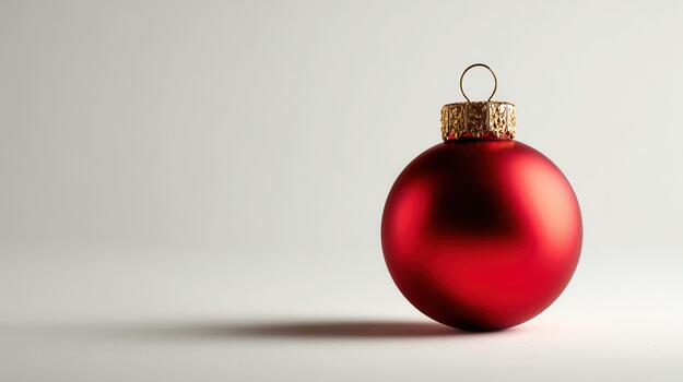 A single red Christmas ornament with golden cap sits on plain surface, casting soft shadow against neutral background, evoking festive and minimalist holiday atmosphere photo
