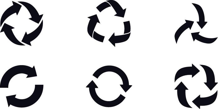 Variety of black circular arrow icons representing cycles and rotation vector