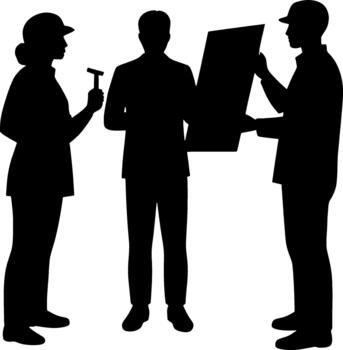 Architects and construction workers discussing building plans, teamwork, project management, and design. vector