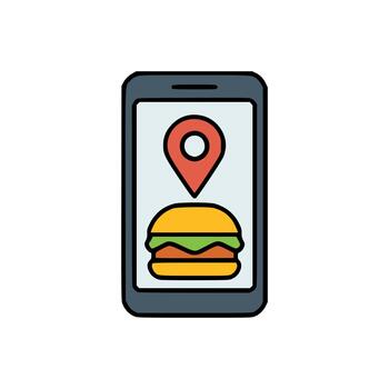 plano ilustración de comida entrega aplicación concepto en teléfono pantalla con hamburguesa icono y rojo ubicación puntero vector
