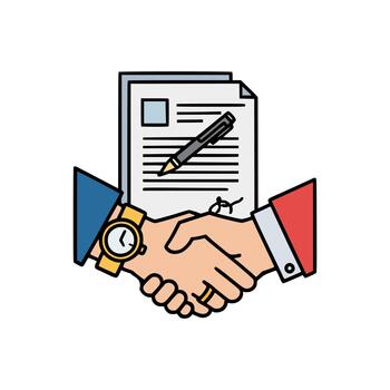 apretón de manos con oro reloj y contrato fondo, demostración negocio acuerdo acuerdo y documento firma proceso vector