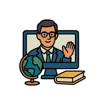 inteligente profesional hombre ondulación en monitor con mundo globo y libro de texto, remoto aprendizaje y digital enseñando ilustración vector