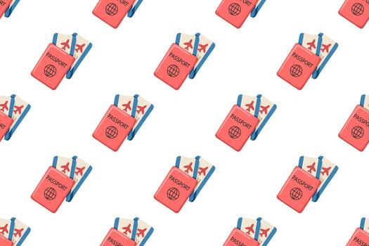 Seamless summer travel pattern with passport and tickets, placed in a repeating diagonal layout. Cartoon style background vector