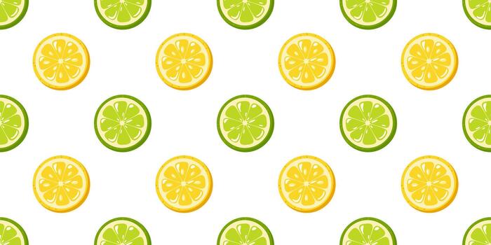 Seamless summer pattern with yellow lemon and green lime slices on white background. Cartoon background. vector