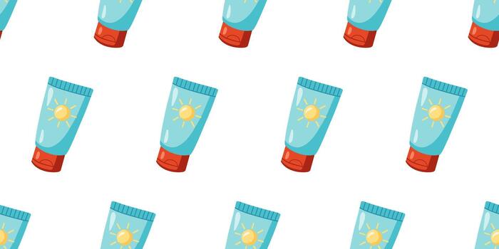 Seamless summer pattern with turquoise and red sunscreen tubes featuring a sun icon on the label vector