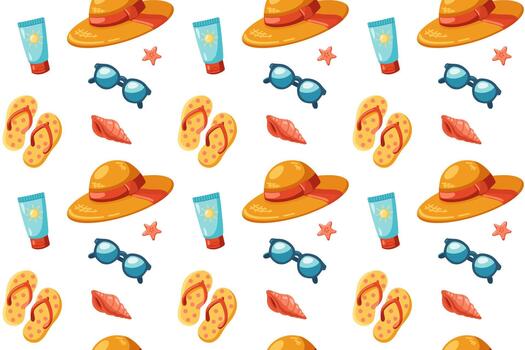 sin costura verano modelo con playa Paja sombreros, Gafas de sol, chancletas, protector solar tubos, rojo conchas y pequeño estrella de mar vector