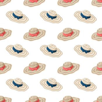 Seamless summer pattern with elegant straw hats and colorful ribbons and bows. Cartoon background vector