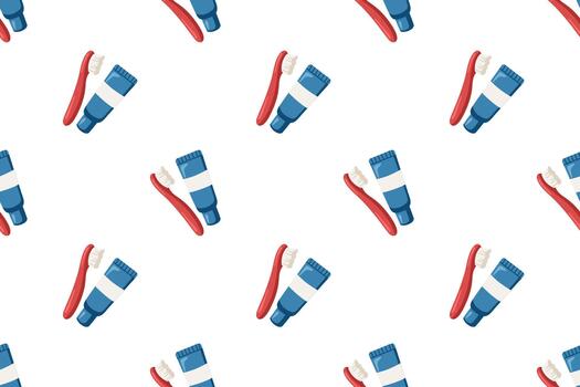 sin costura modelo con rojo cepillo de dientes y pasta dental tubo. aislado antecedentes en dibujos animados estilo vector