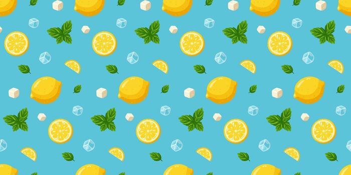 Seamless summer pattern with whole lemons, slices, mint, ice cubes and sugar. Cartoon background. vector