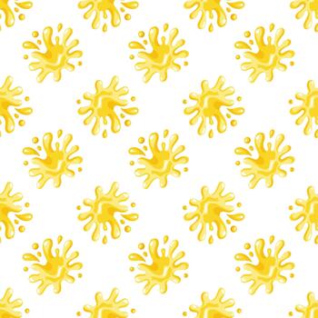 Seamless summer pattern with yellow dynamic lemon juice splashes in bright yellow. Cartoon on white background vector