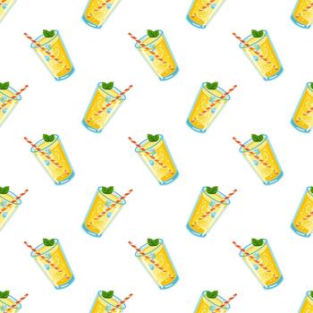 Seamless summer pattern with lemonade glass, mint and straw on white background. Cartoon background vector