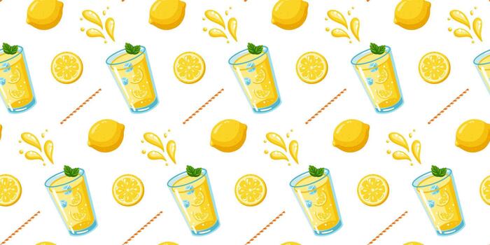 sin costura verano modelo con limonada anteojos, todo limones, rebanadas y pajitas dibujos animados antecedentes. vector