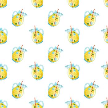 sin costura verano modelo con dibujos animados limonada jarras y rojo a rayas pajitas dibujos animados antecedentes. vector