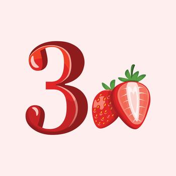 A decorative number three combined with strawberries, perfect for educational materials, typography projects, and playful design themes. vector