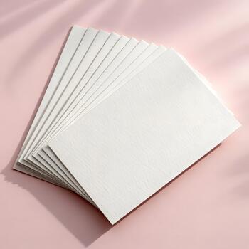 avivado apilar de limpiar blanco tarjetas arreglado en un suave rosado superficie con amable oscuridad y un brillante mínimo presentación. foto