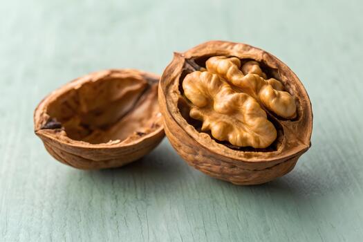 Ultra-detailed close-up of a split walnut shell featuring a conceptual inner engraving and rugged organic shapes on a smooth pastel sage surface. photo