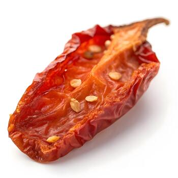 ultra nítido macro de un soltero chile escama demostración crujiente fracturado bordes y translúcido naranja roja textura en un puro blanco antecedentes. foto