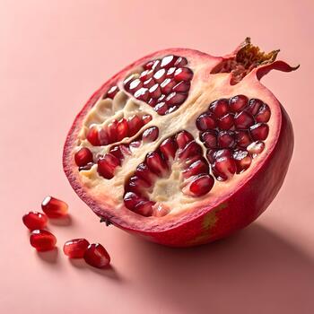 Hyper-detailed pomegranate slice centered on pastel red background with glowing ruby seeds and crisp macro structure in premium clarity. photo