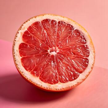 Bold ruby-red grapefruit slice centered on soft pink-red gradient background with luminous pulp texture and crisp macro clarity. photo