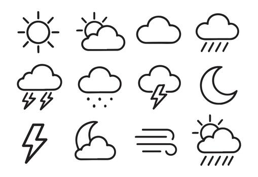 Minimalist outline weather icons for diverse forecast conditions. vector