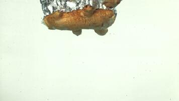 ingefära faller under vattnet på en vit bakgrund. filmad på en hög hastighet kamera på 1000 fps. hög kvalitet full HD antal fot video