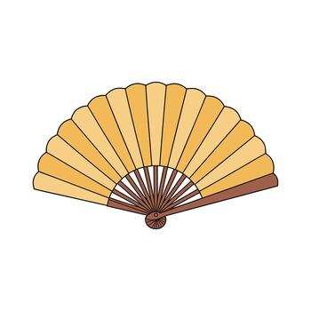 Image presents an elegant hand fan with a light to dark yellow gradient, adorned with a simple wooden handle, isolated against a clean white backdrop. vector