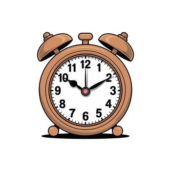 A cartoon alarm clock features a round face with clock hands showing ten minutes after two. The clock is bronze and has two bells. vector