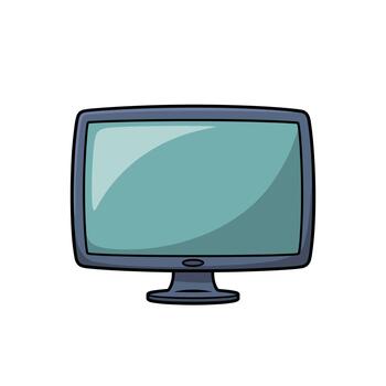 A cartoon style monitor with a gray frame and light blue screen stands against a stark white backdrop, evoking tech simplicity. The screen shows a blank display. vector