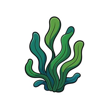 An artistic, cartoon-style seaweed cluster stands out against a stark white backdrop. The green algae adds a touch of underwater beauty, creating a whimsical charm. vector